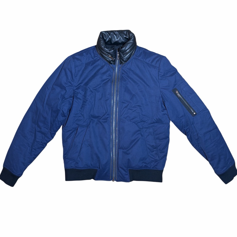 Avelon Nylon Bomber w/ Leather Standing Collar & Stashable Nylon Hood